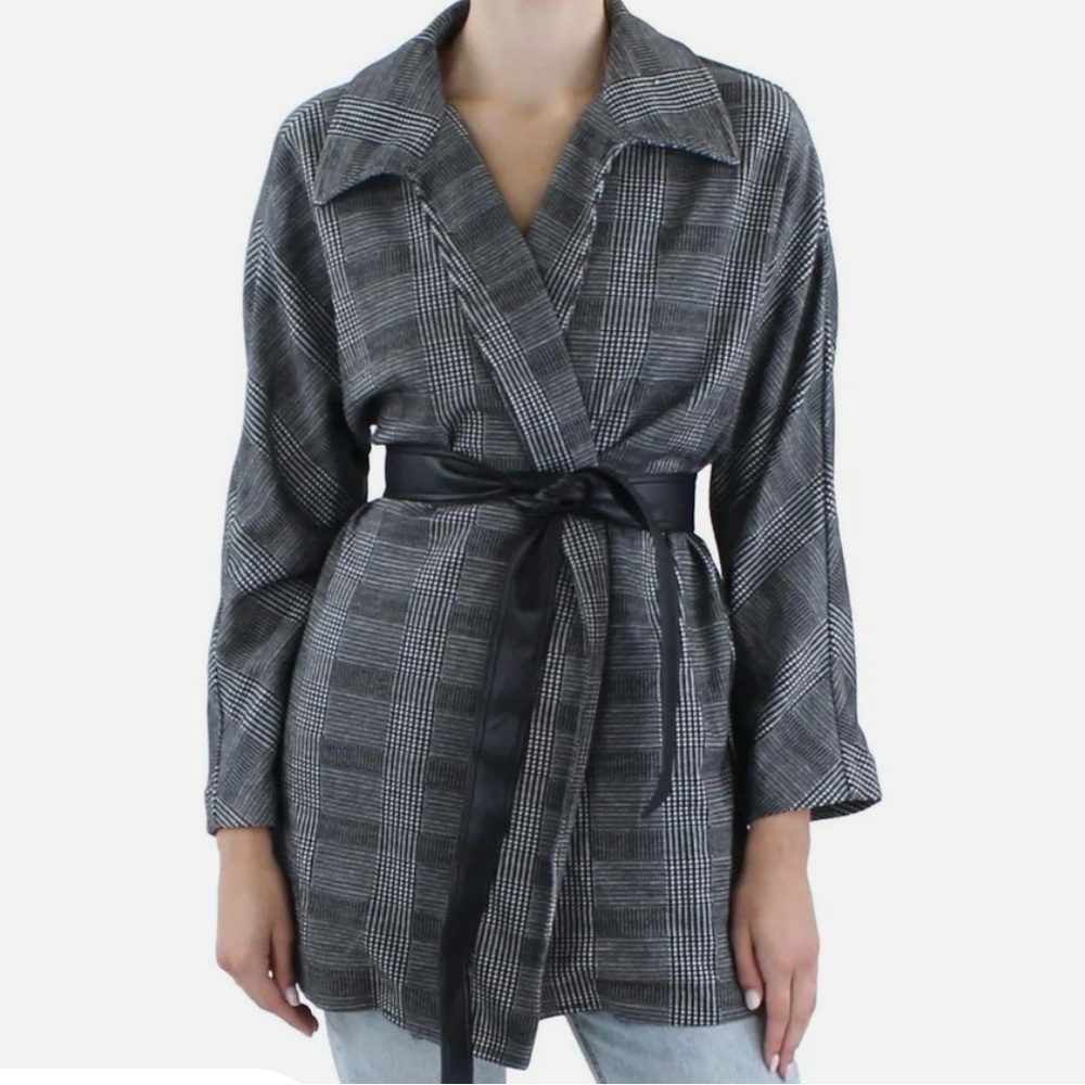 Womens Faux Leather Trim Knit Belted